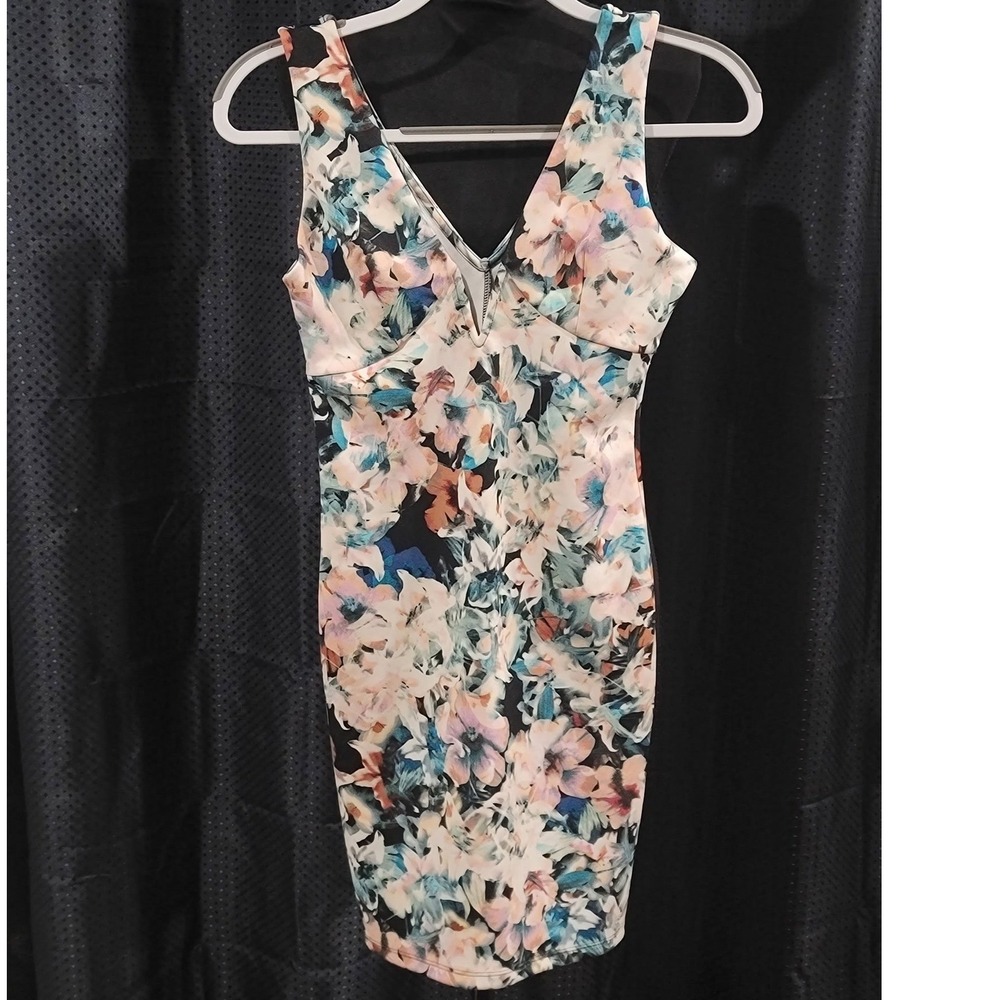 Forever‎ 21 Floral Bodycon Mini Dress Blue Pink V-Neck Sleeveless Size Medium